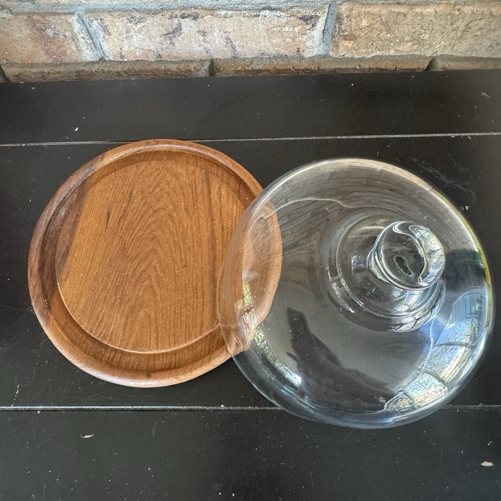 Vintage Teak Wood Cheese Board / Cake Stand w/Glass Cloche Dome Mid-Century - Picture 6 of 8